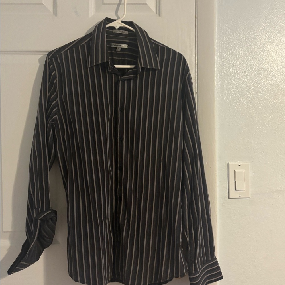 Express Men's Black and White Striped Button Down Shirt